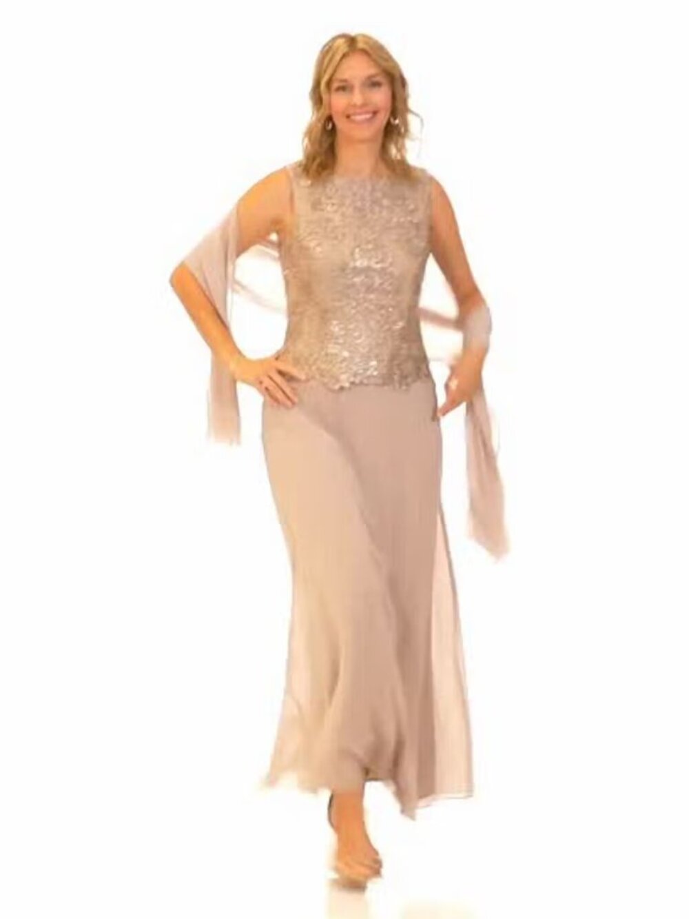 Alex Evenings 81171134 Two-Piece Lace Chiffon Dress with Shawl Taupe 18 NWT